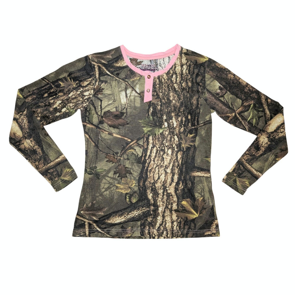 Master Sportswoman Camo Henley Shirt Medium M Pink Trim Real Tree Long Sleeve